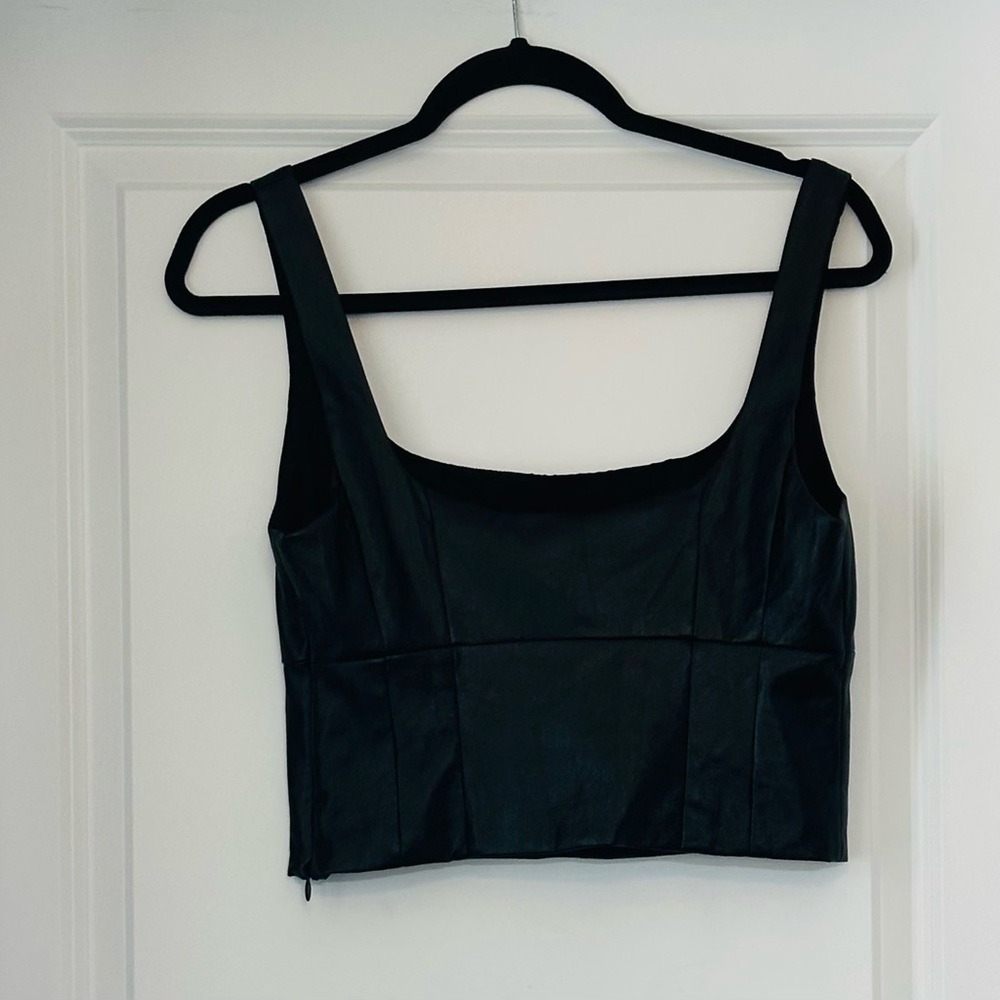 WILFRED Top Black Tank Crop Bustier Sexy Vegan Leather Zip Size M